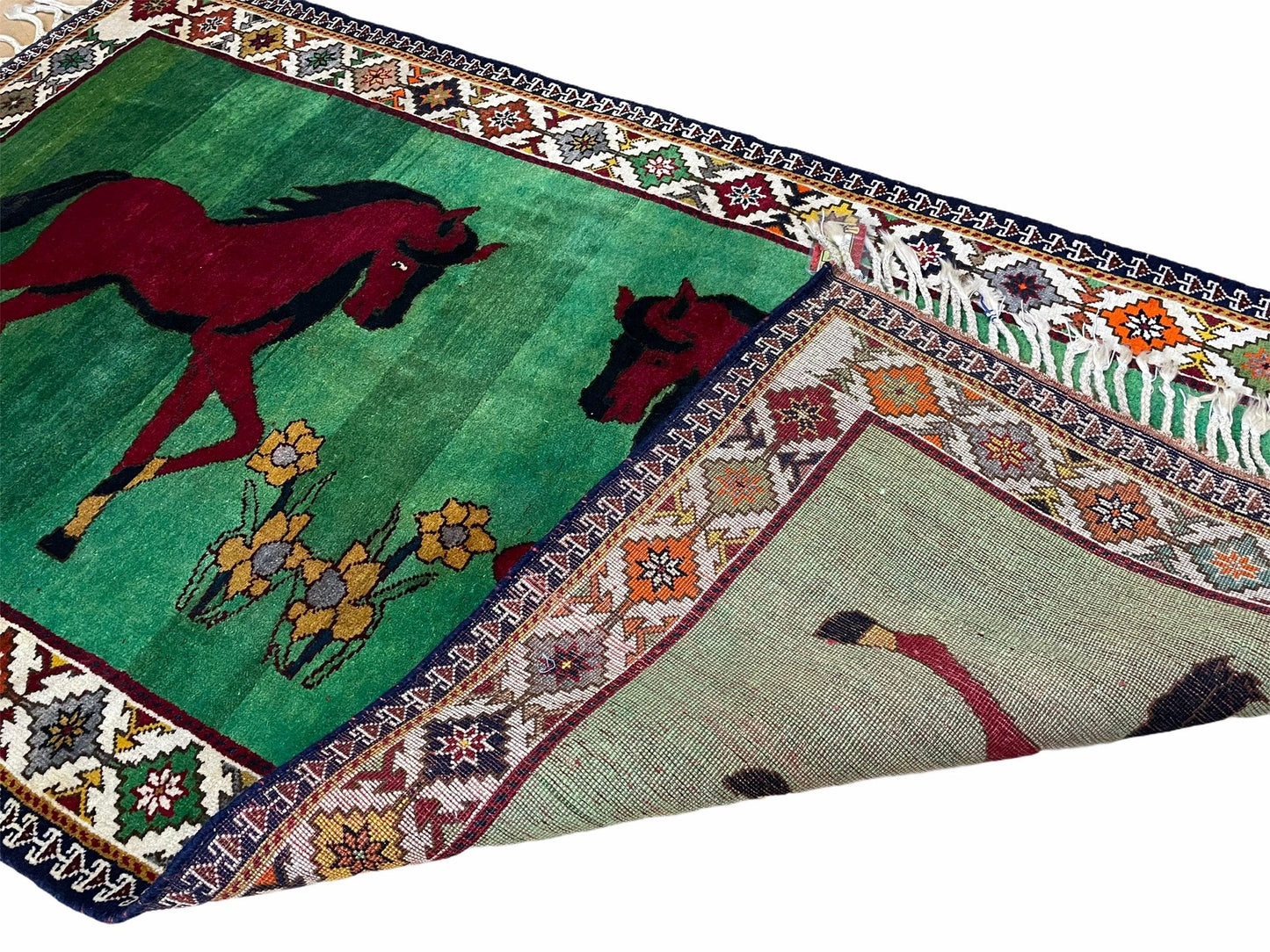 Handmade Wool Pictorial Horses Rug 4x7 Green Butterfly Colorful