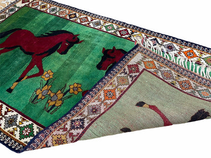 Handmade Wool Pictorial Horses Rug 4x7 Green Butterfly Colorful