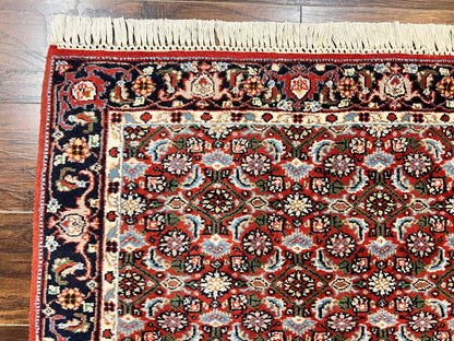 Indo Persian Rug 3x5, Red and Navy Blue, Wool Vintage Handmade Small Carpet 3 x 5 ft, Herati Pattern, Bidjar Rug