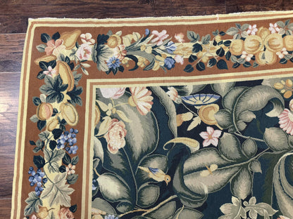 Needlepoint Rug 8x10, Vintage, Handmade, Wool, Green, Leaves & Fruits