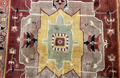 Tibetan Rug 7x10, Geometric Medallion, Red Green Taupe, Hand Knotted, Soft Wool Area Rug, Contemporary Carpet, Handmade Nepali Rug 7 x 10 ft