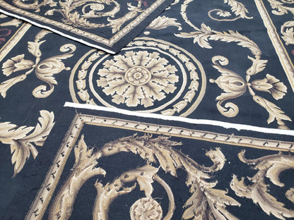 Black and Tan Aubusson Rug, 10 x 14 Aubusson Carpet, New Aubusson Rug, Elegant, Wool, Handmade Area Rug, Flatweave Rug, Large Aubusson Rug