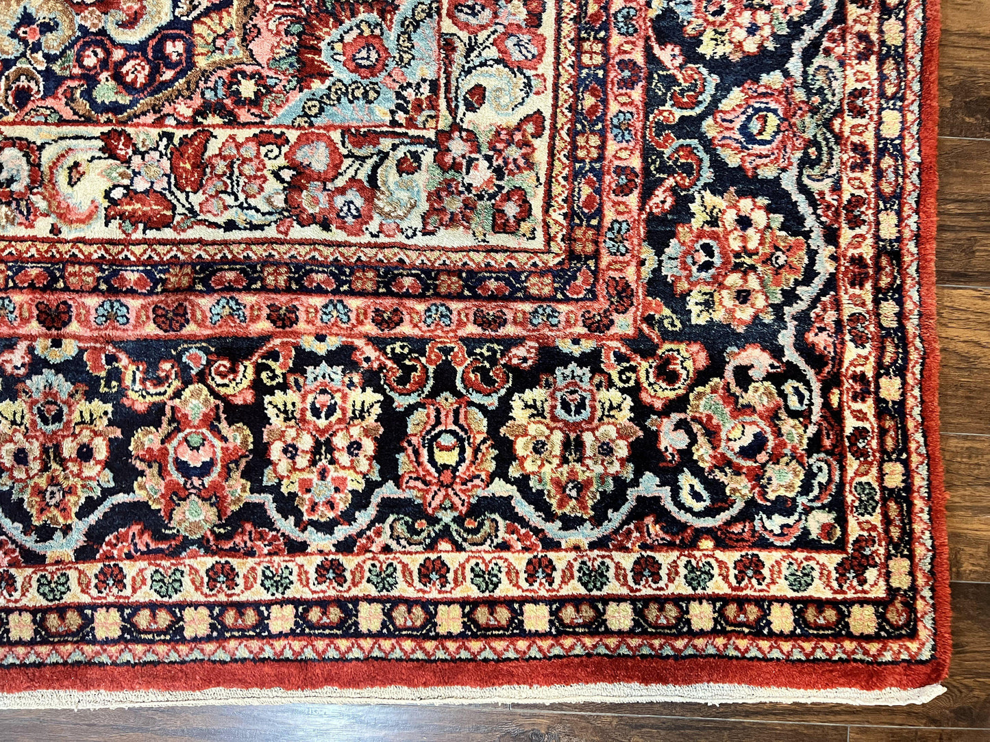 Persian Sarouk Rug 11x14, Semi Open Field, Large Antique Persian Wool Handmade Carpet, Red and Dark Blue, Floral