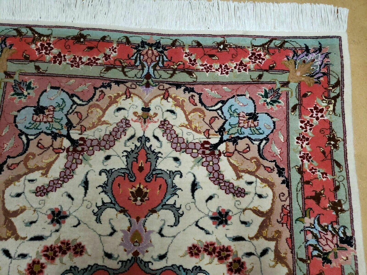 Small Vintage Persian Tabriz Wool and Silk Rug 2.5 x 4 ft, Very Finely Hand Knotted, Medallion, Ivory Salmon Light Blue, Top Quality, Pair B