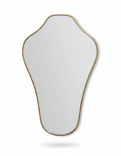 Sculpted crest brass mirror with organic curved frame on white background