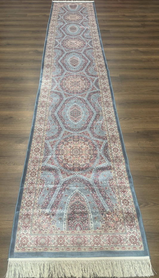 Turkish Silk Runner Rug 2.6 x 13, Blue Runner Rug, Dome Design, Bamboo Silk, New