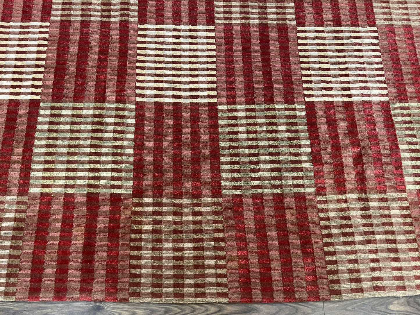 Modern Tibetan Rug 8x10, Hand Knotted Contemporary Nepali Carpet 8 x 10, Checkerboard Design, Red Cream Light Brown, Very Fine Wool & Silk
