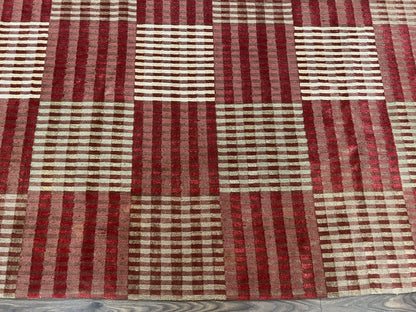 Modern Tibetan Rug 8x10, Hand Knotted Contemporary Nepali Carpet 8 x 10, Checkerboard Design, Red Cream Light Brown, Very Fine Wool & Silk