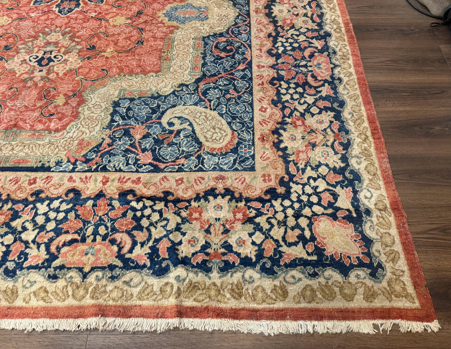Antique Persian Sarouk Rug 9x12 With Boteh Paisley Medallion Navy Border