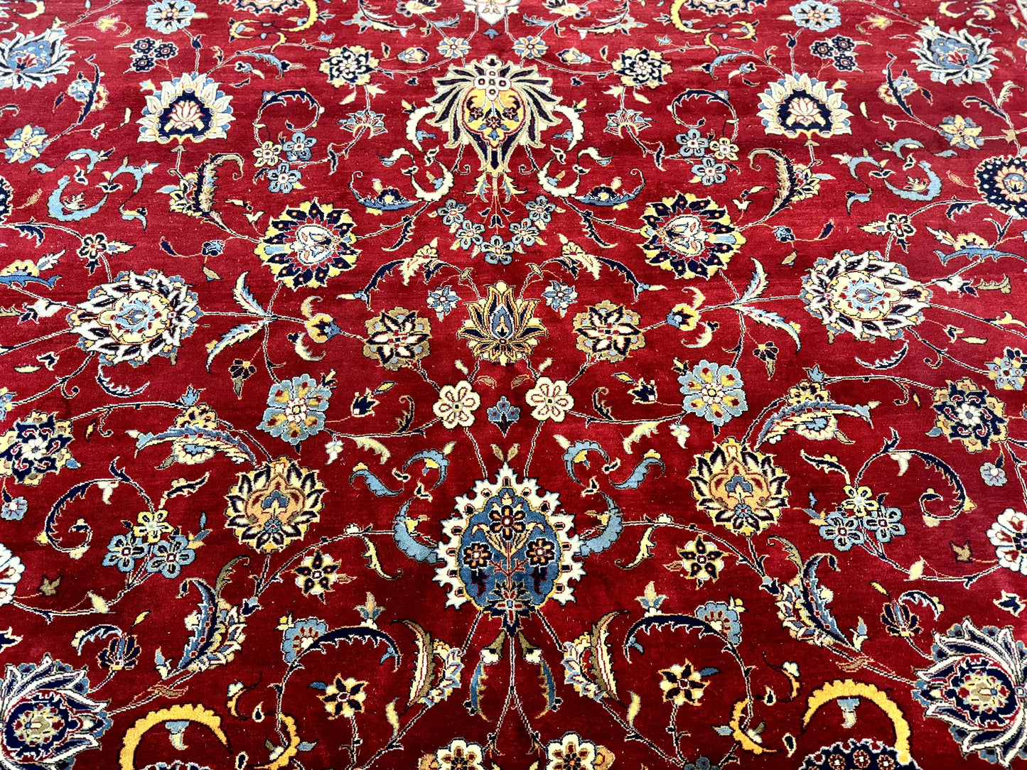 Hand Knotted Persian Rug 9x12 Red Navy Blue Floral Wool Vintage 260 KPSI Carpet