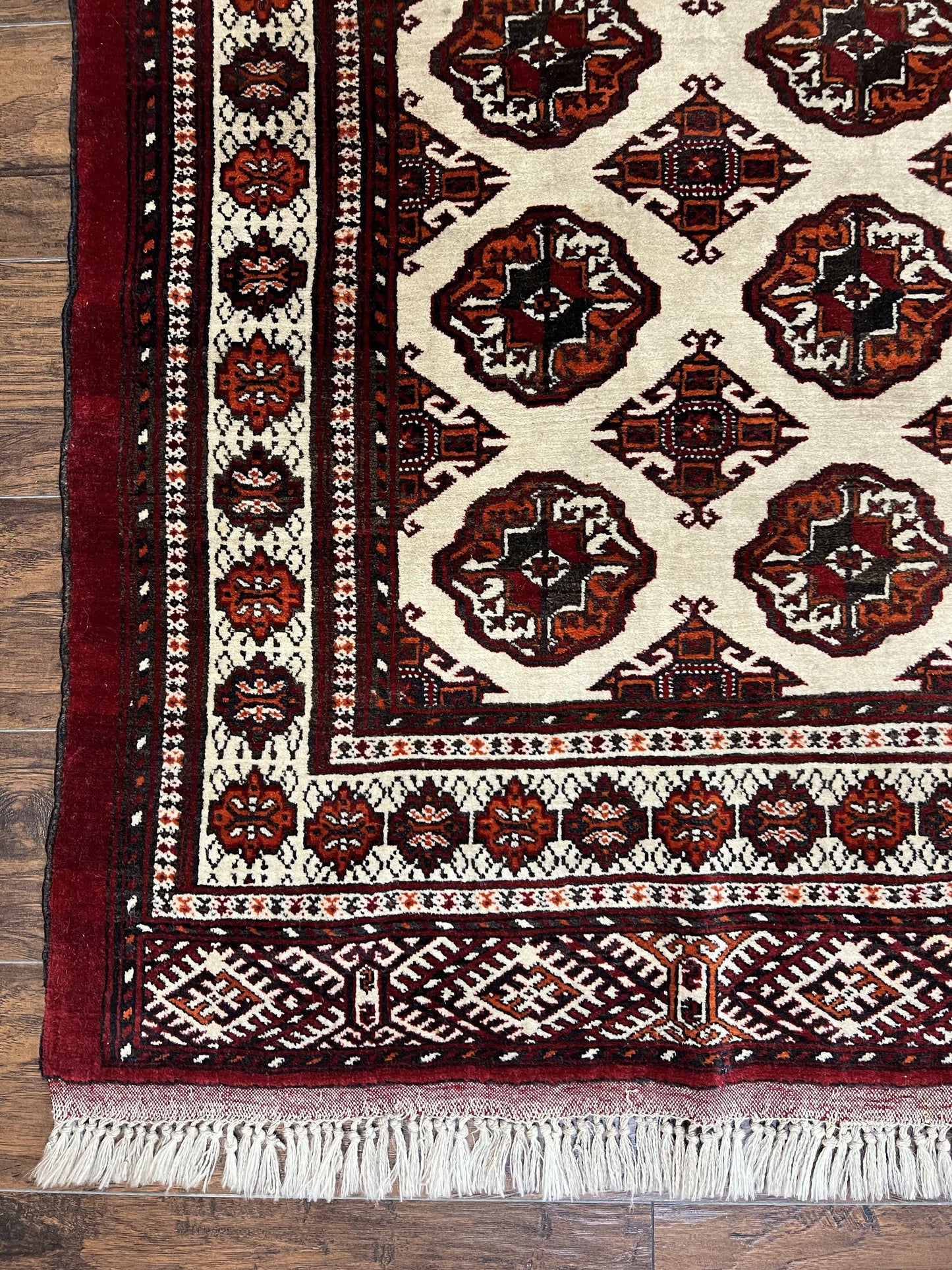 Persian Turkoman Rug Yamud 7x8 Hand Knotted Cream Red Bohemian Tribal Carpet