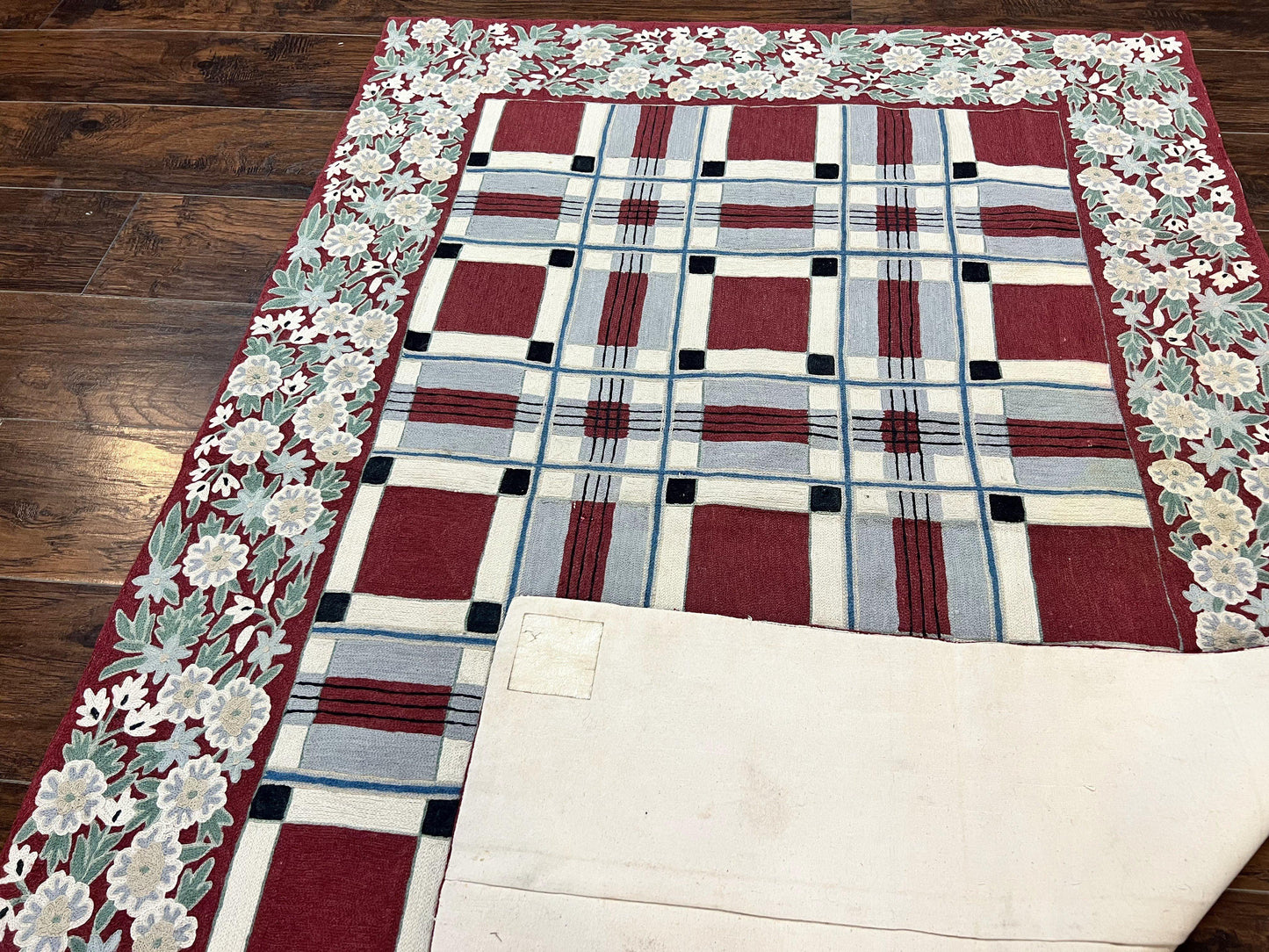 Indian Hand Stitched Rug 4x6, Vintage Carpet, Checkerboard Floral Pattern, Maroon Ivory, Flatweave, Wool