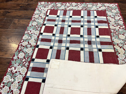 Indian Hand Stitched Rug 4x6, Vintage Carpet, Checkerboard Floral Pattern, Maroon Ivory, Flatweave, Wool