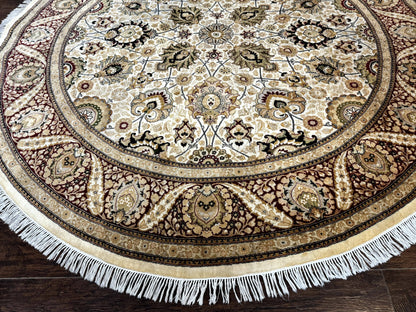 Round Pak Persian Rug 8x8, Vintage Handmade Wool Traditional Carpet, Beige Dark Red, Fine 270 KPSI