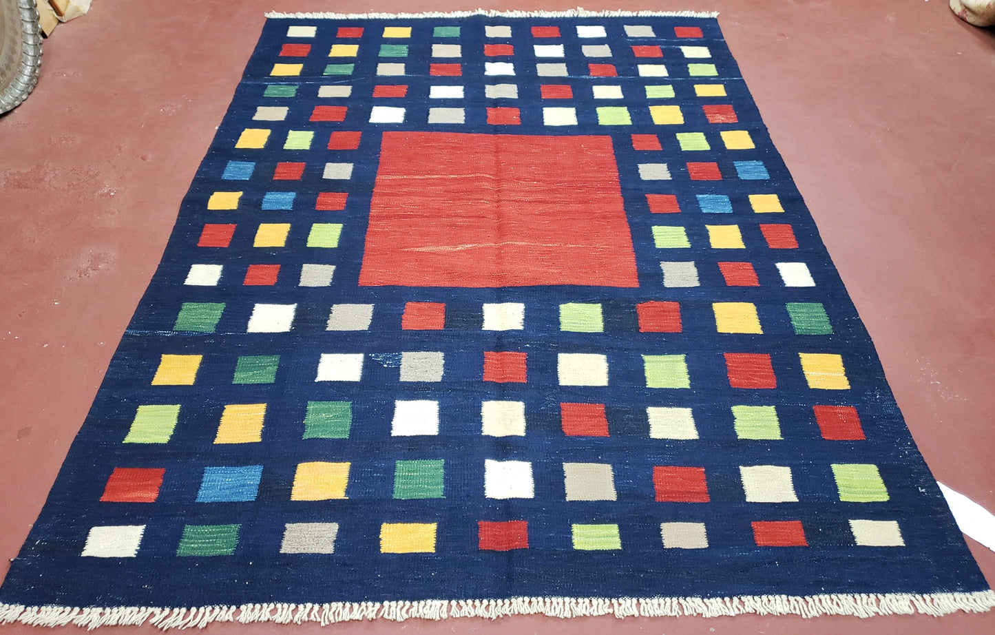 Turkish Kilim Rug Checkerboard Area Rug 5x7 6x8 Multicolor Playroom