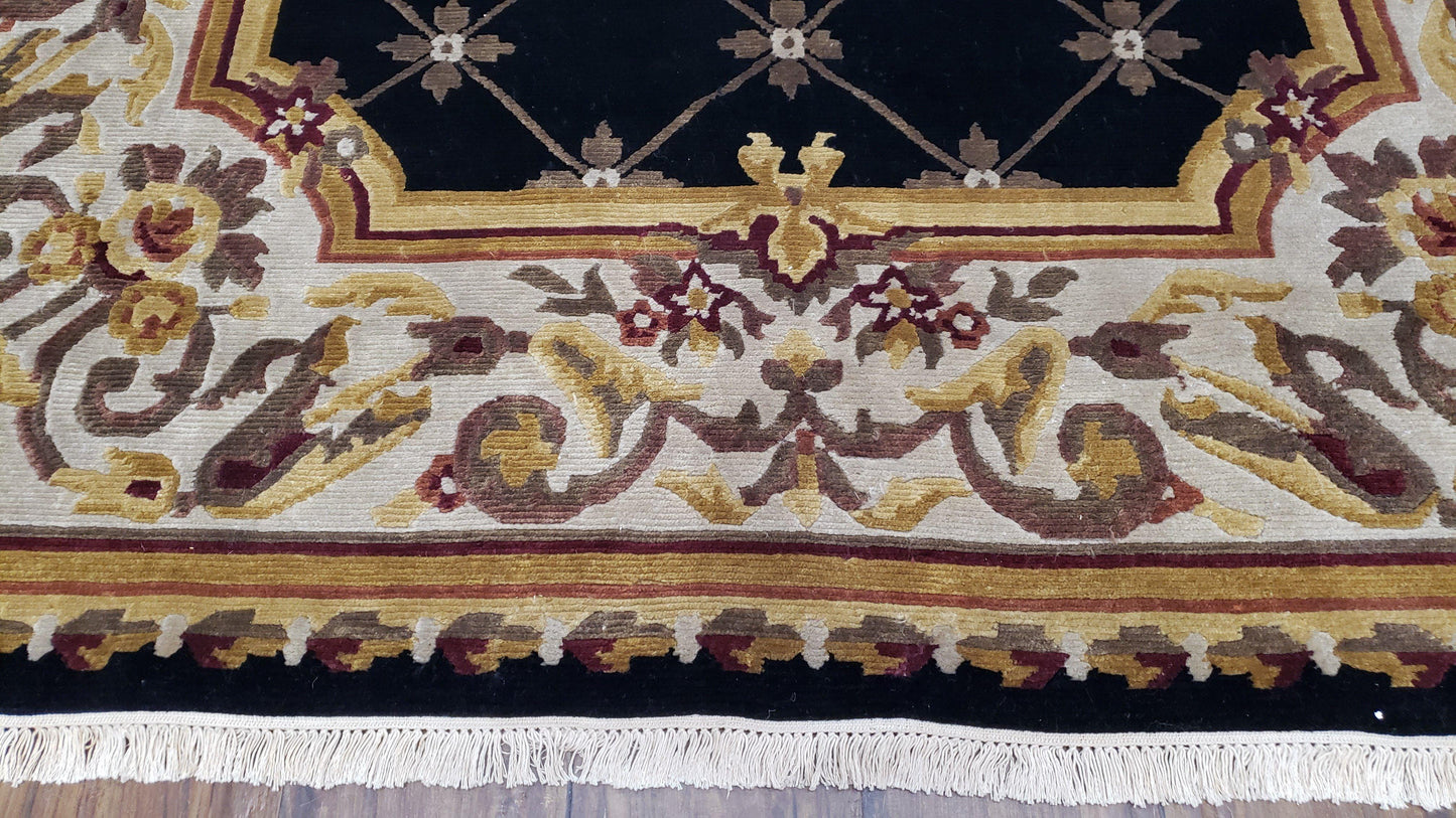 Aubusson Savonnerie Wool Rug 6x9 Hand Knotted Black Beige Nepalese Design