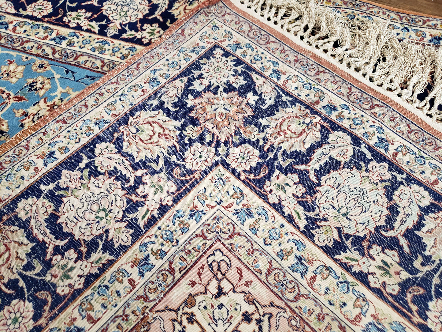Persian Isfahan Rug Hand Knotted Kork Wool On Silk Foundation Sky Blue Vintage 5 Feet 1 Inch By 7 Feet 8 Inches