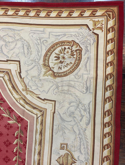 Elegant Aubusson Rug 9x12 Handmade Wool Carpet Red Ivory Vintage French Design