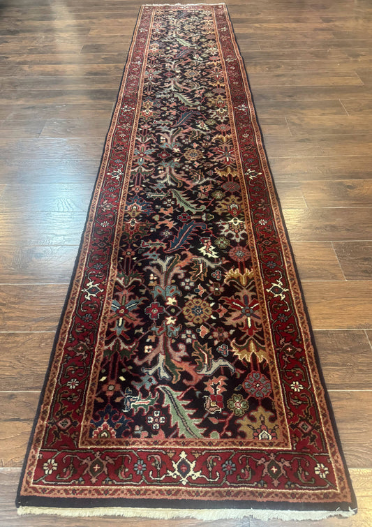 Indo Persian Runner Rug 2.7 x 13, Navy Blue and Red, Allover Floral, Wool, 13ft Runner