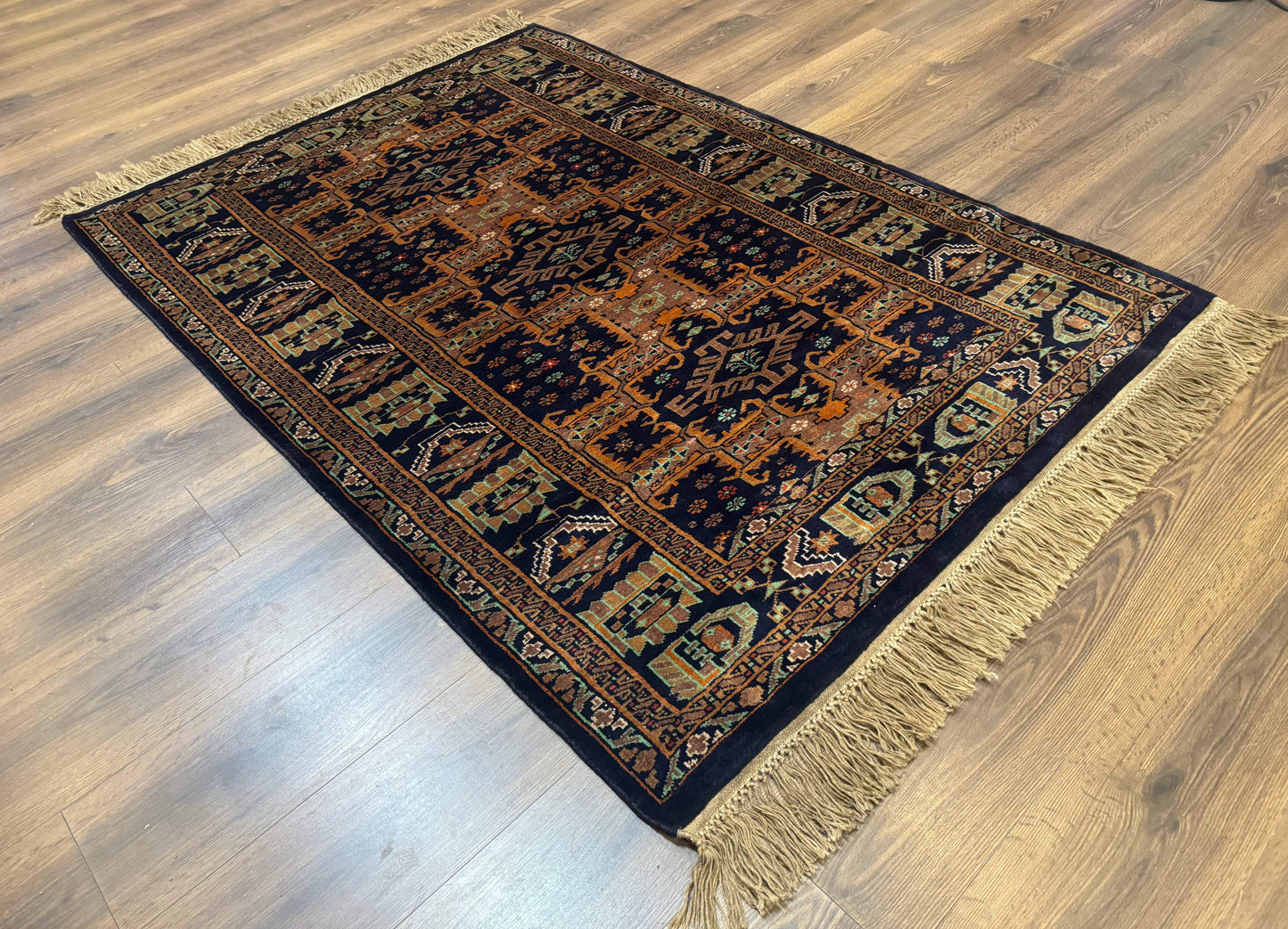 Vintage Afghan Rug 4x6, Navy Blue and Light Brown, Geometric Medallions, Wool on Wool, Tribal Rug