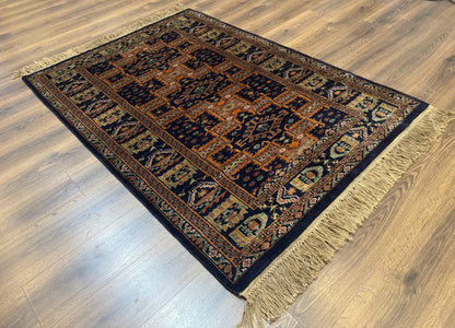 Vintage Afghan Rug 4x6, Navy Blue and Light Brown, Geometric Medallions, Wool on Wool, Tribal Rug