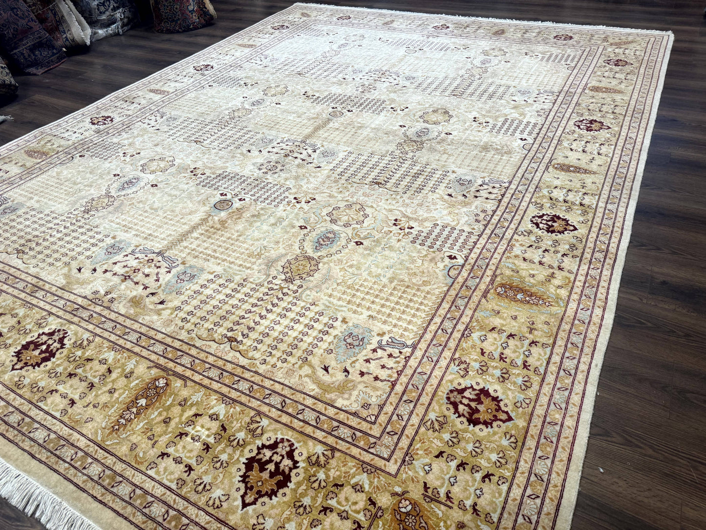 Pakistani Carpet 9x12, Finely Hand Knotted 270 KPSI, Cream, Allover Pattern