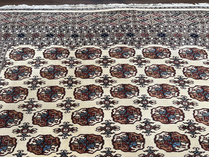 Pakistani Bokhara Rug 8x10, Traditional Turkoman Tribal Carpet, Allover Repeated Elephant Foot Motif, Ivory/Cream Black Red, Vintage Handmade