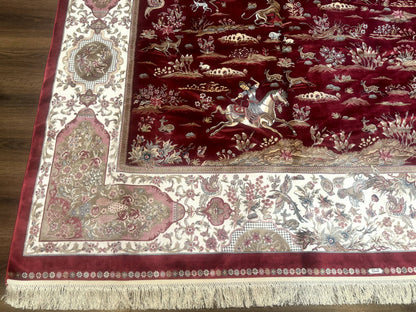 Turkish Silk Rug 8x10 Modern Bamboo Silk Hunting Design Area Rug