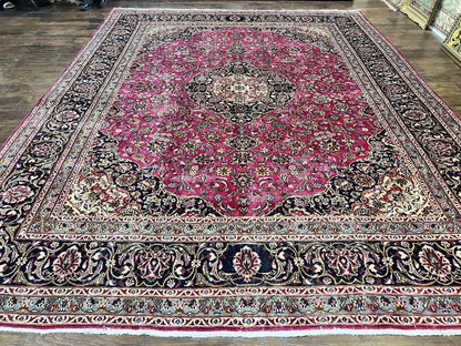 Persian Rug 10x13 Hand Knotted Wool Kashmar Carpet With Floral Medallion In Raspberry Red And Navy Blue