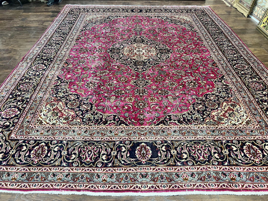 Persian Rug 10x13 Hand Knotted Wool Kashmar Carpet With Floral Medallion In Raspberry Red And Navy Blue