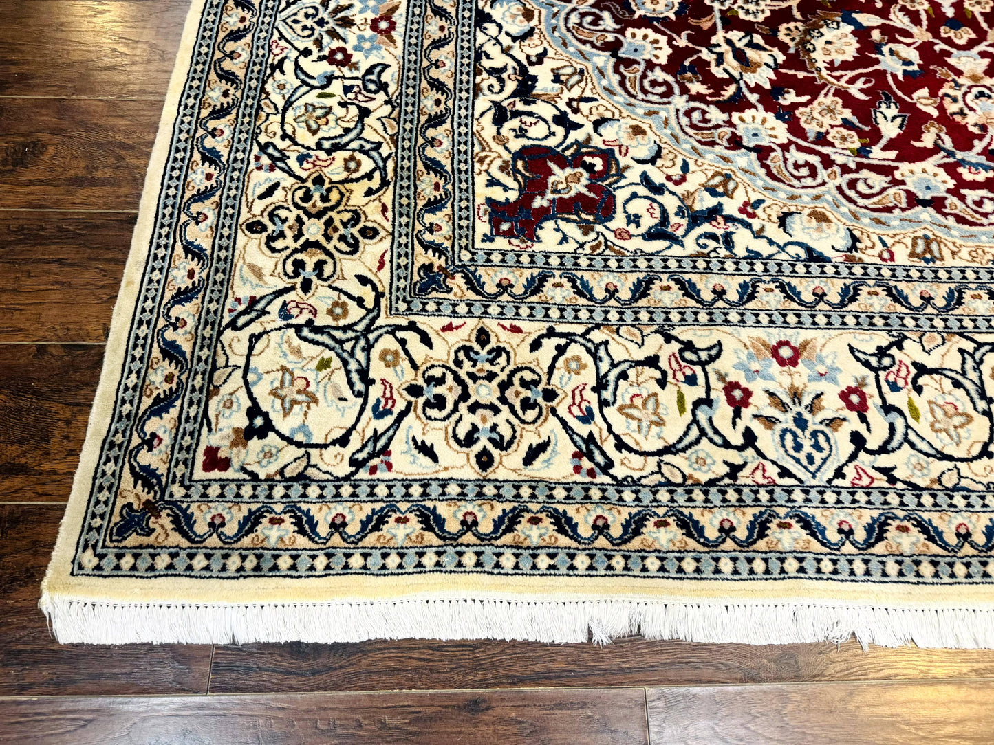 Persian Nain Rug 8x11 Wool Silk Highlights Burgundy Ivory Floral Medallion