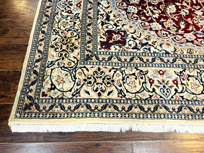 Persian Nain Rug 8x11 Wool Silk Highlights Burgundy Ivory Floral Medallion