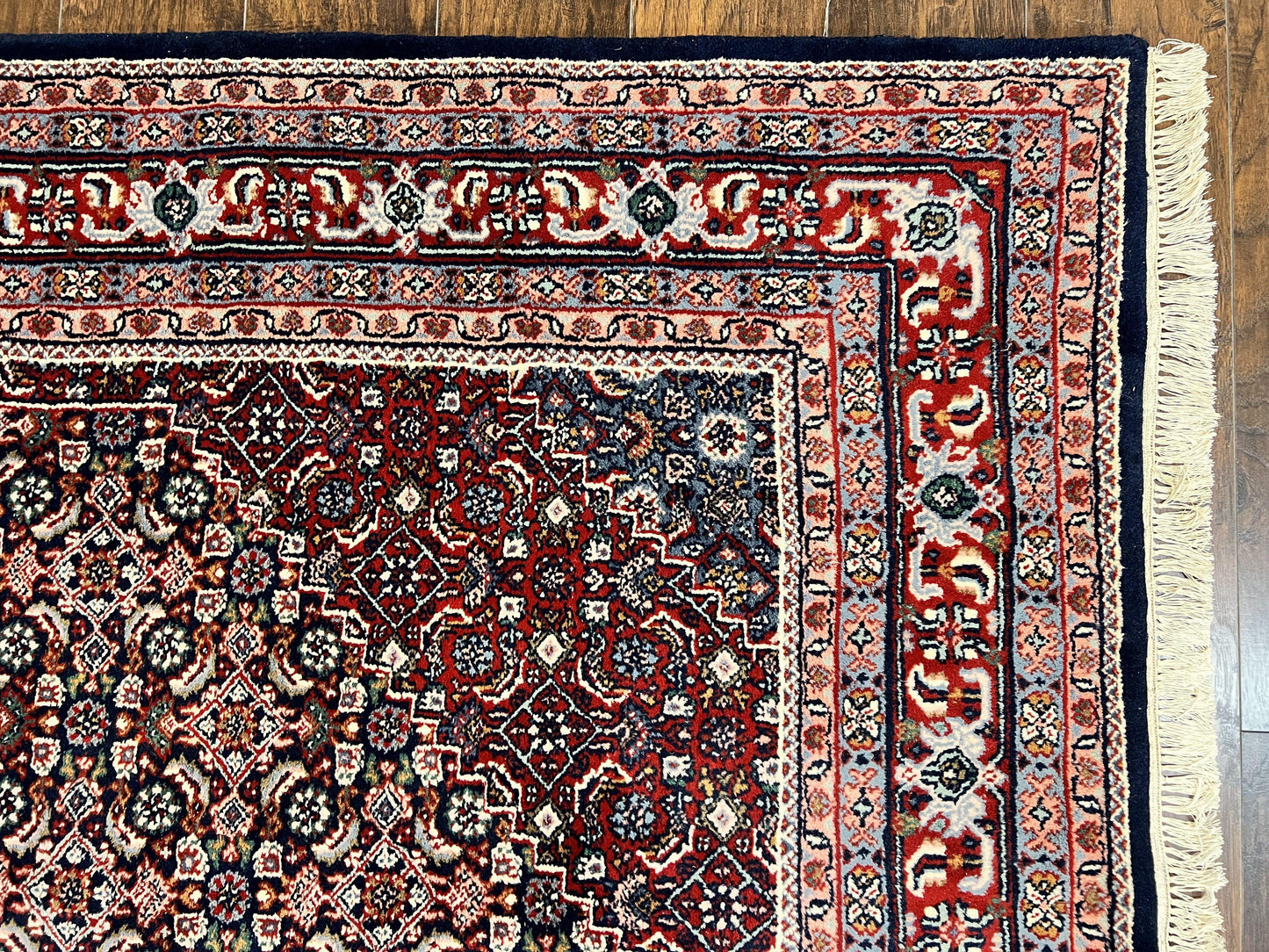 Indo Persian Rug 7x10, Dark Blue and Red Hand Knotted Wool Vintage Oriental Carpet 7 x 10 ft, Handmade Bidjar Rug, Herati Pattern Indian Rug
