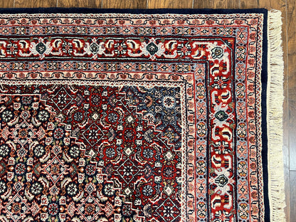 Indo Persian Rug 7x10, Dark Blue and Red Hand Knotted Wool Vintage Oriental Carpet 7 x 10 ft, Handmade Bidjar Rug, Herati Pattern Indian Rug