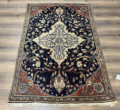Antique Persian Rug 3.5 x 5, Sarouk Farahan Rug, High Quality 1920s Fine Oriental Carpet 3 x 5 ft, Large Medallion, Floral, Navy Blue Red, Hand Knotted Wool Rug