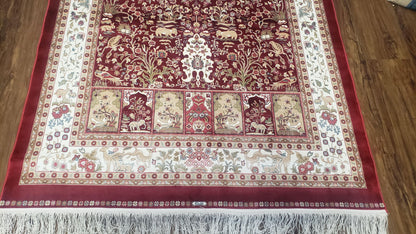 Silk Carpet 4x6 Dark Red & Cream, Tree of Life Rug, Animal Motifs, Birds Deer Rabbits, All Bamboo Silk, 4 x 6 Silk Area Rug