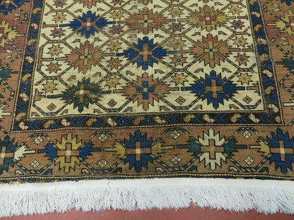 Antique Caucasian Shirvan Kazak Wool Rug Snowflake Design 4x5 Feet