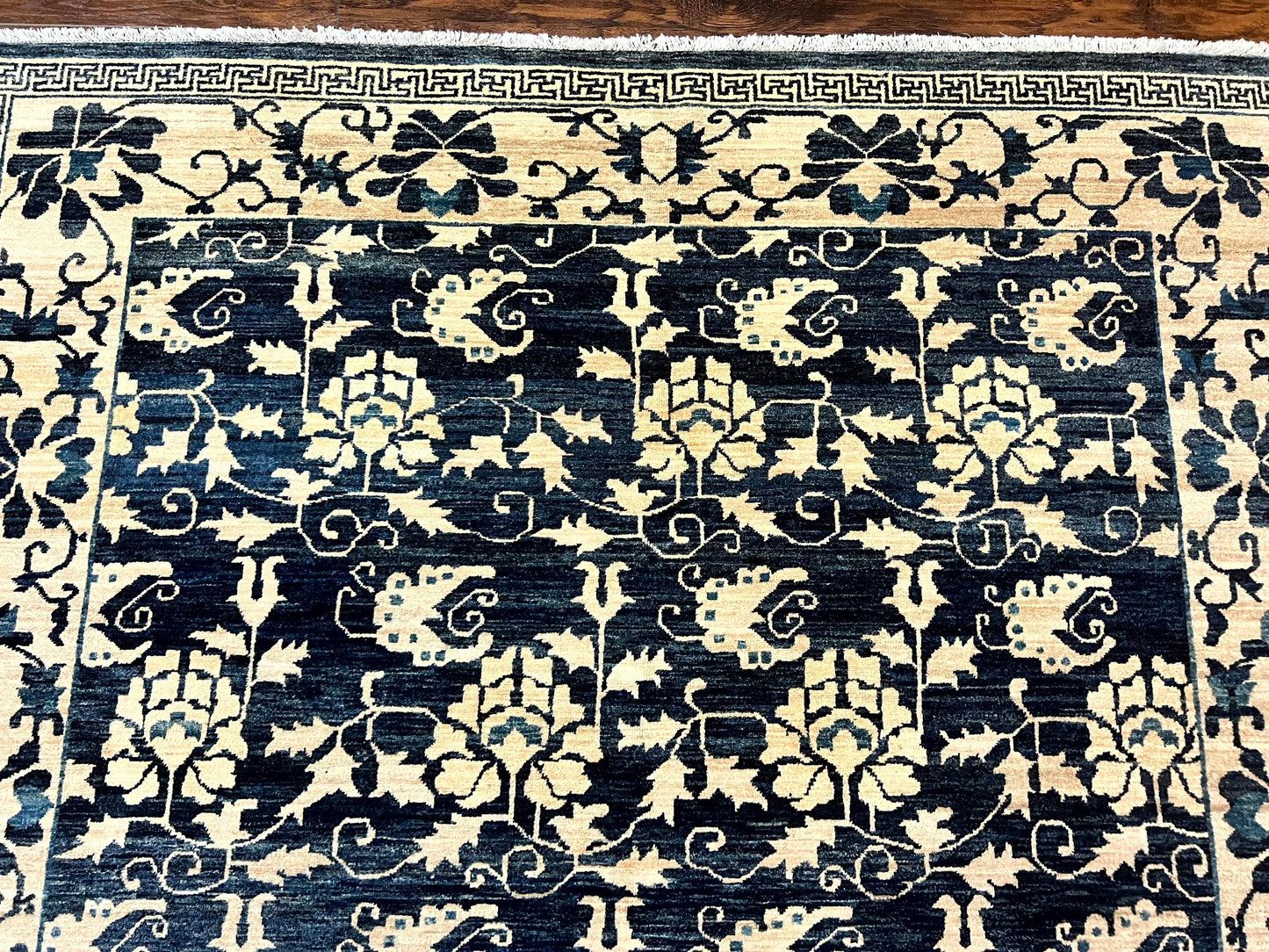 Sino Persian Rug Hand Knotted Wool Carpet 6x9 Floral Allover Blue Cream Tan