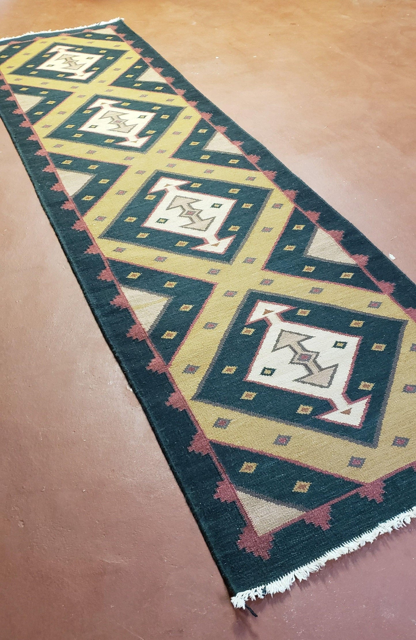 Vintage Indian Kilim Runner Rug, Geometric Flatweave Hand-Knotted Wool Kitchen Hallway Runner, Black Gold & Beige, 2' 8" x 9' 9"