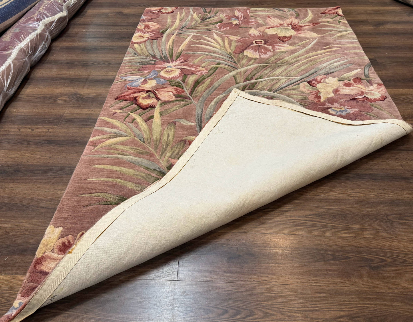 Hand Tufted Floral Rug 5x8, Light Rose Wool Carpet