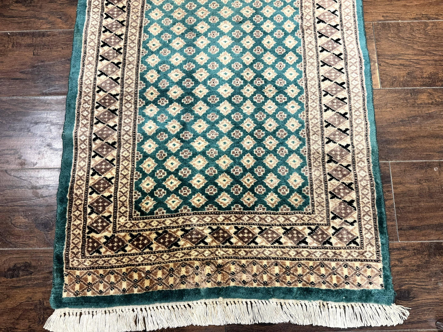 Long Pakistani Runner Rug 2.8 x 20, Hand Knotted Vintage Wool Hallway Rug, Turkoman Rug, Teal and Tan, Handmade Vintage Wool Runner