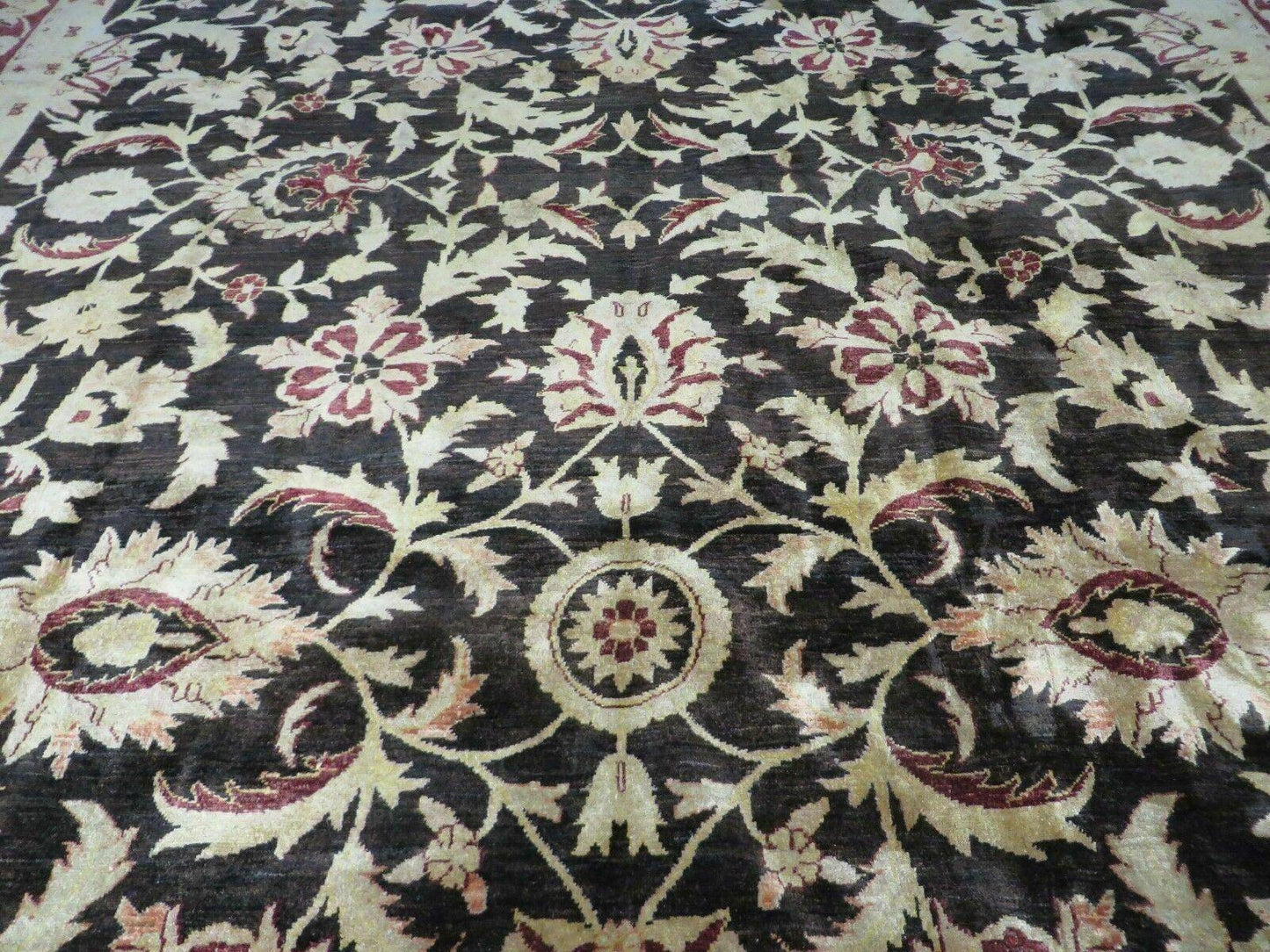 11' X 15' Vintage Hand Knotted Indian Agra Wool Rug Hand Made Dark Brown Floral