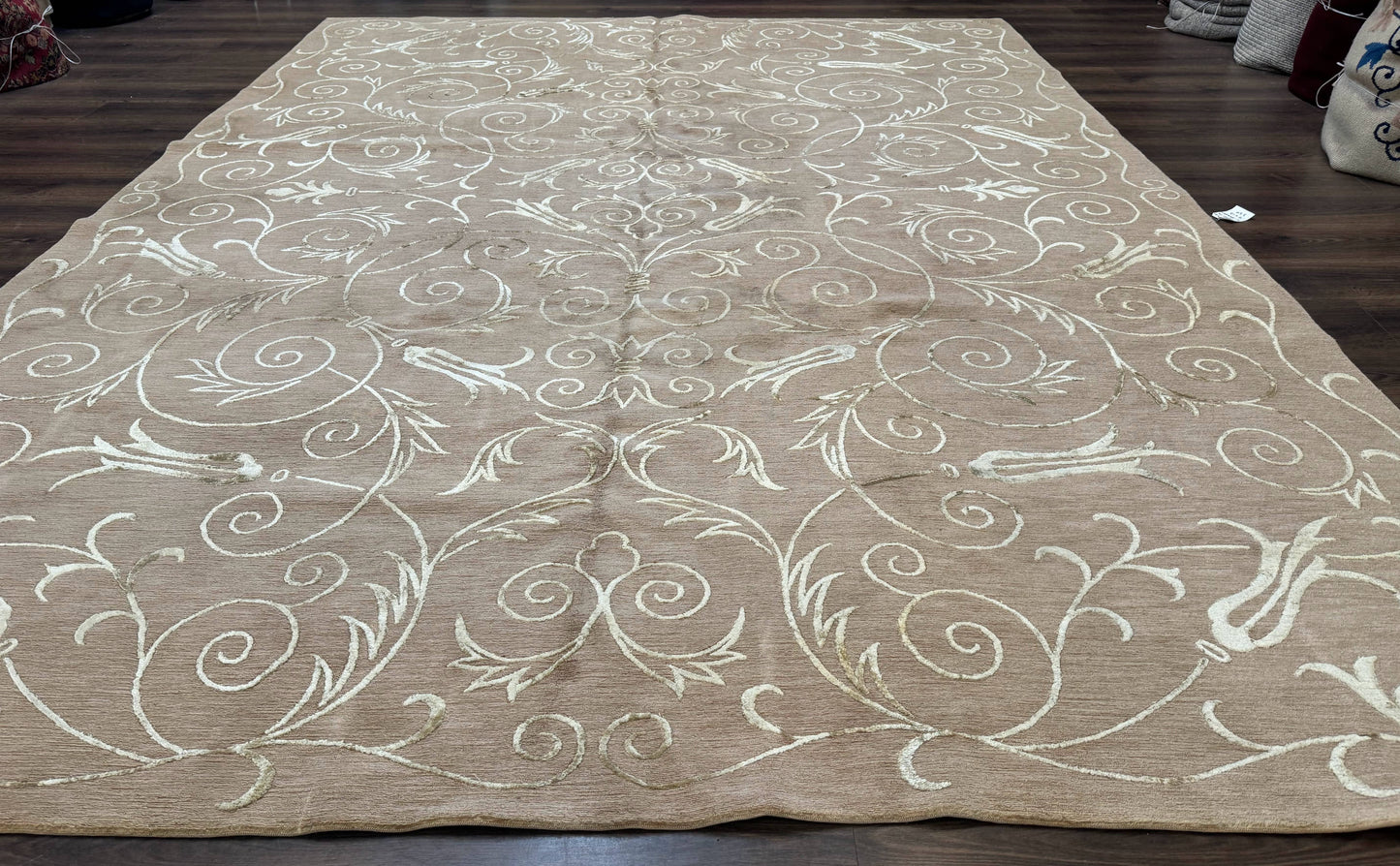 Tibetan Rug Hand Knotted Wool Silk 9x12 Beige Modern Handmade Carpet