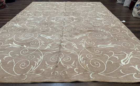 Tibetan Rug Hand Knotted Wool Silk 9x12 Beige Modern Handmade Carpet