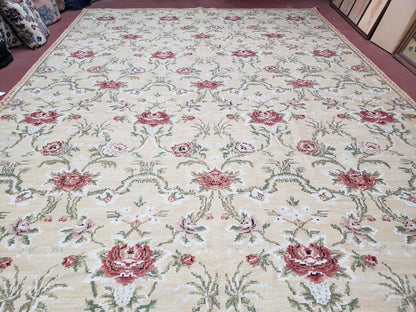 Needlepoint Rug 10x14 Wool Flatweave Carpet, English Floral Pattern, Pale Yellow, Roses, Allover Pattern, Handmade Large Needlepoint Nice