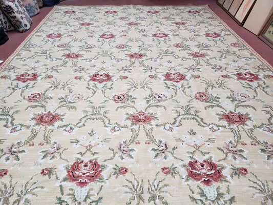 Needlepoint Rug 10x14 Wool Flatweave Carpet, English Floral Pattern, Pale Yellow, Roses, Allover Pattern, Handmade Large Needlepoint Nice