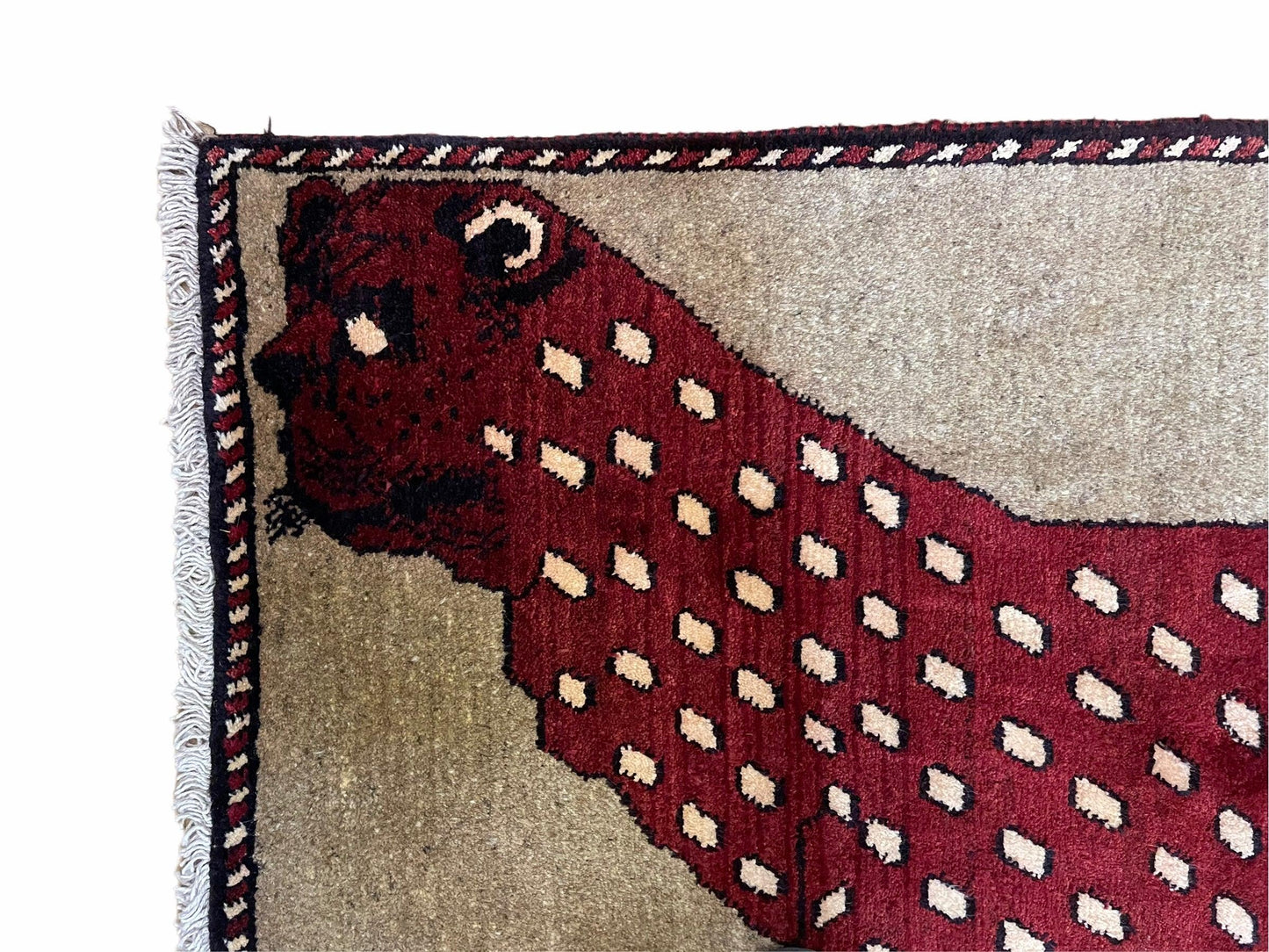 Leopard Wool Rug Handmade Hand Knotted Vintage Burgundy Beige Area Rug