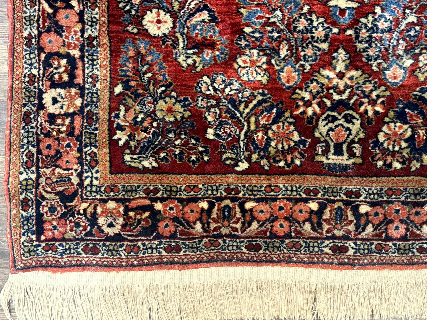Antique Persian Sarouk Rug Hand Knotted 3x5 Red Floral Navy Ivory 200 KPSI