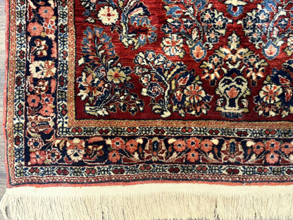 Antique Persian Sarouk Rug Hand Knotted 3x5 Red Floral Navy Ivory 200 KPSI