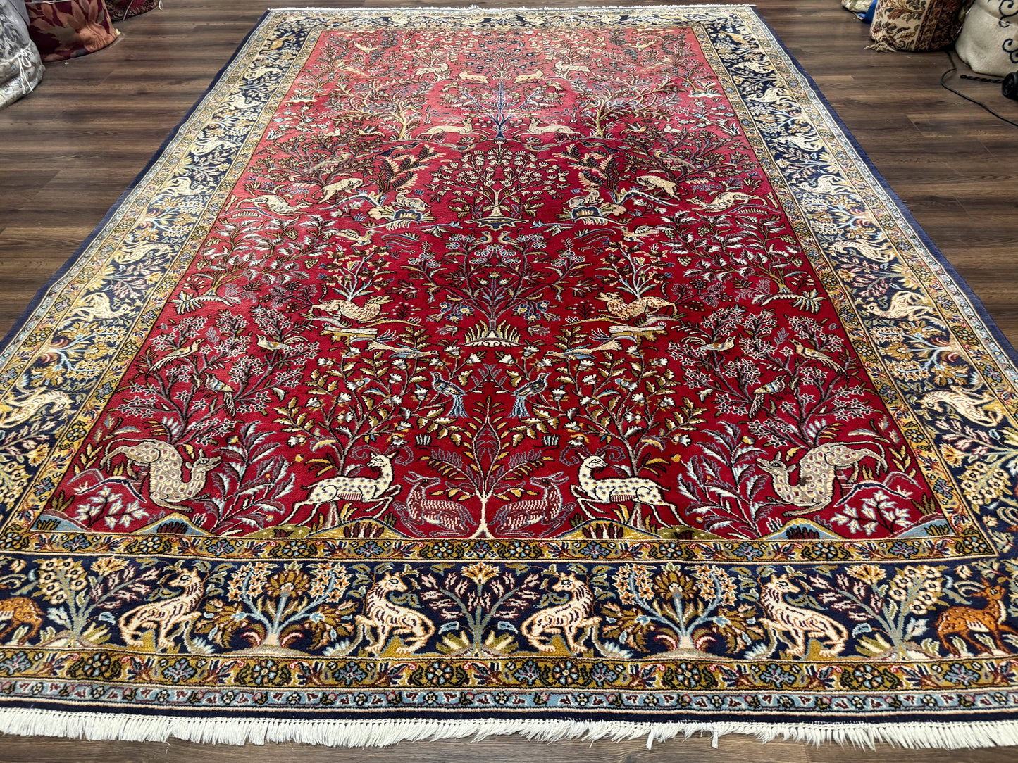 Persian Qum Rug 9x12 Tree of Life Pictorial With Deer Birds Floral In Red And Navy